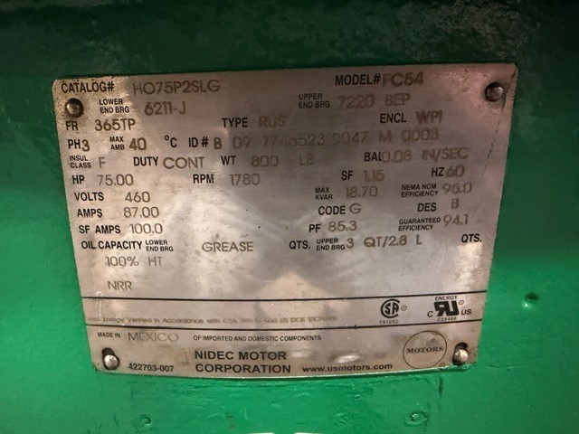 75 HP 1800 RPM US Motors, Frame 365TP, weather protected enclosure type 1, 460 Volts, vertical hollow shaft - Image 1