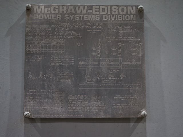 15000/16800/20000/22400/25000/28000 kVA, 69000 Wye Primary, 13800 Wye Secondary, McGraw-Edison Substation - Image 1