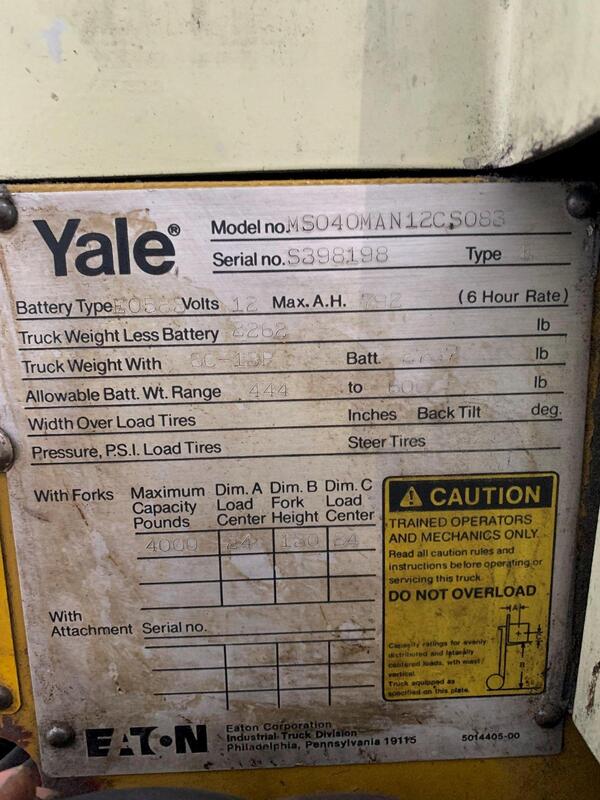 4000 lb. Yale, electric walk behind forklift, 12 V., 2-stage mast, 15' lift - Image 9