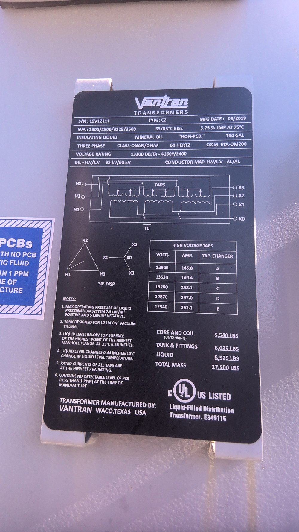 2500/3500 KVA 13200 Delta Primary, 4160Y/2400 Secondary, Vantran - Image 1