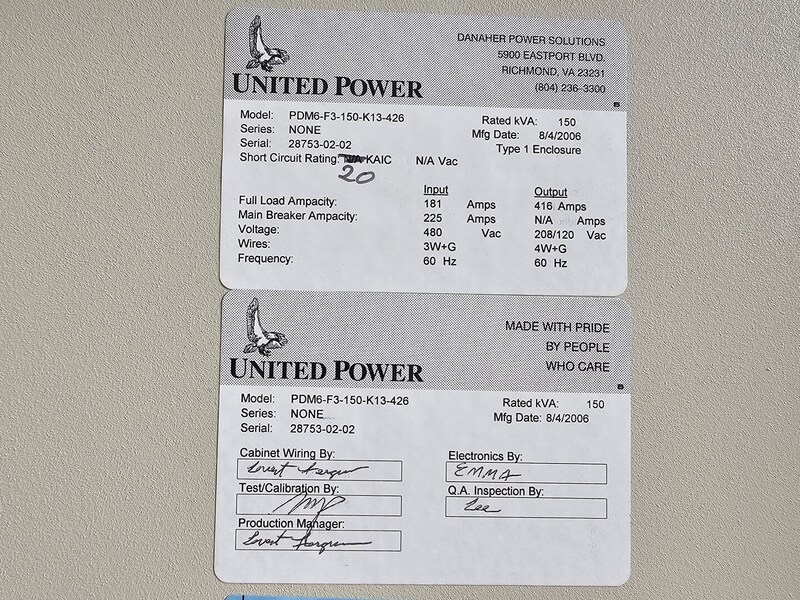 416 Amps, United Power Corp., PDM6-F3-150-K13-426, Power Distribution Module, 150 kVA, 480 Pri., 208/120 - Image 2