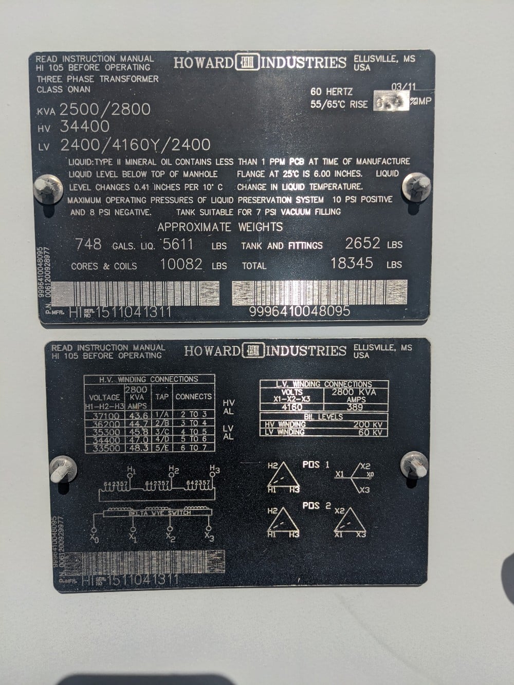 2500/2800 KVA 34400 Delta Primary, 2400/4160Y/2400 Secondary, Howard Industries - Image 1