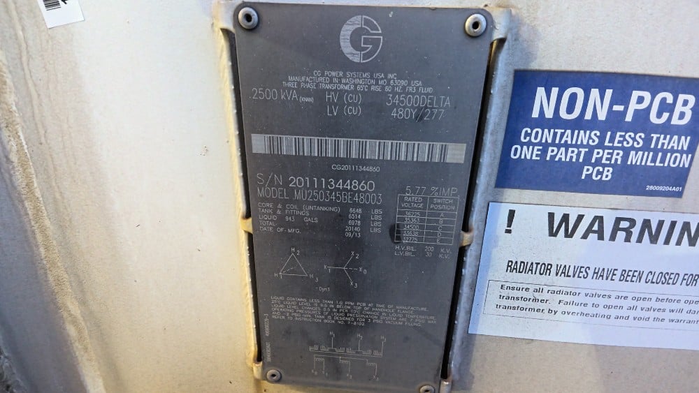 2500 KVA 34500 Delta Primary, 480Y/277 Secondary, Cg Power - Image 1