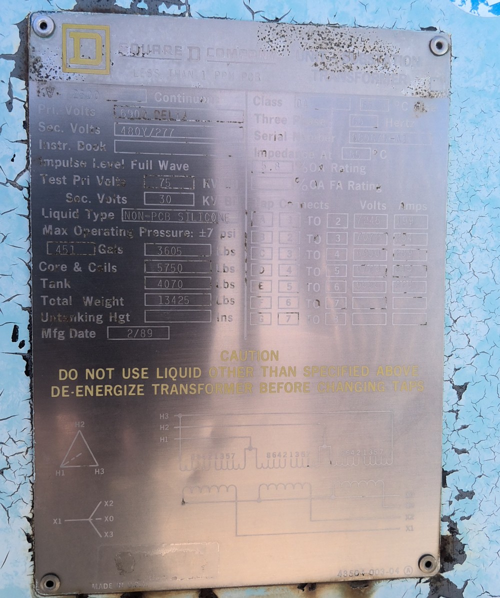 2500 KVA 6900 Delta Primary, 480Y/277 Secondary, Square D Company - Image 1