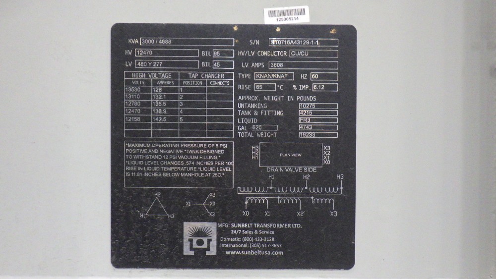 3000/4688 KVA 12470 Delta Primary, 480Y/277 Secondary, Sunbelt - Image 1