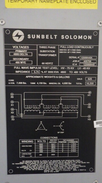 3000/3360 KVA 4800 Delta Primary, 480 Wye Secondary, Sunbelt Solomon - Image 1