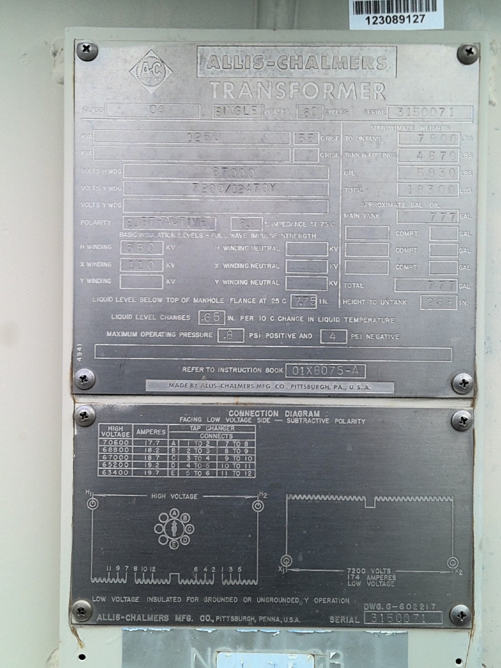 1250 KVA 67000 Delta Primary, 7200/12470Y Secondary, Allis-Chalmers - Image 1