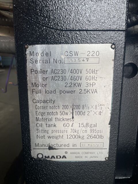 1/8" x 8-5/8" x 8-5/8" Amada #CSW-220, 10 ton, hydraulic corner notcher - Image 5