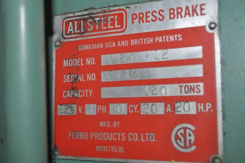 120 Ton, Allsteel #120-12, hydraulic press brake, 12' overall, 10' 6" between housings, 0"-8" stroke, 17" - Image 4