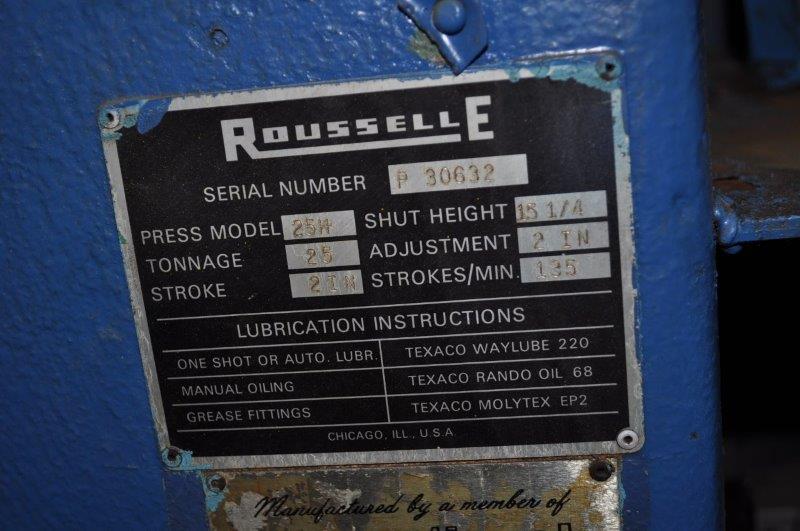 25 Ton, Rousselle #25H, horn press, 2" stroke, 6-3/4" throat, 4.5"-15.5" shut height, 2" adj., 135 SPM, 14" x - Image 7
