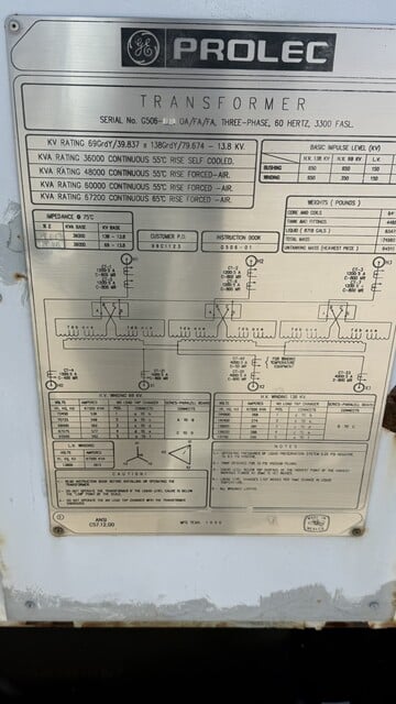 36000/48000/60000/67200 kVA, 69000/138000 GRDY Primary, 13800 Delta Secondary, GE Prolec Substation - Image 1