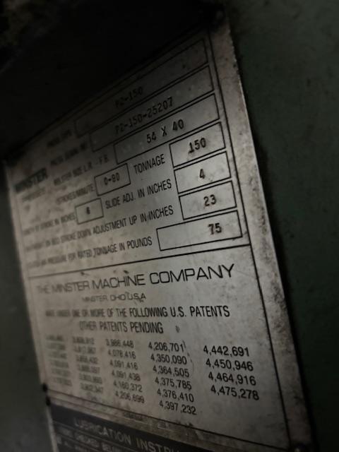 150 Ton, Minster, Staright Side Double Crank Press, 6" stroke, 4" ram adjustment, 23" shut height, 54" x 40" - Image 10