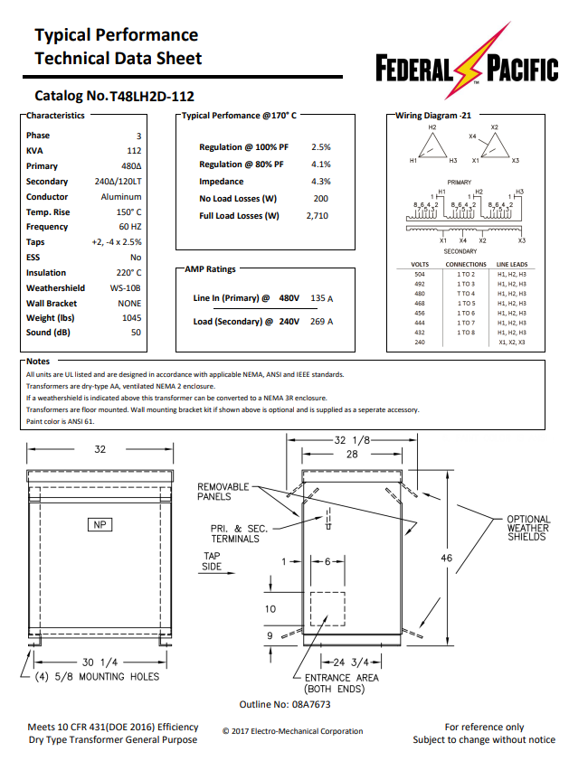 112.5 KVA 480 Delta Primary, 240D/120LT Secondary, Federal Pacific #T48LH2D-112, Step-Down Dry Type - Image 2