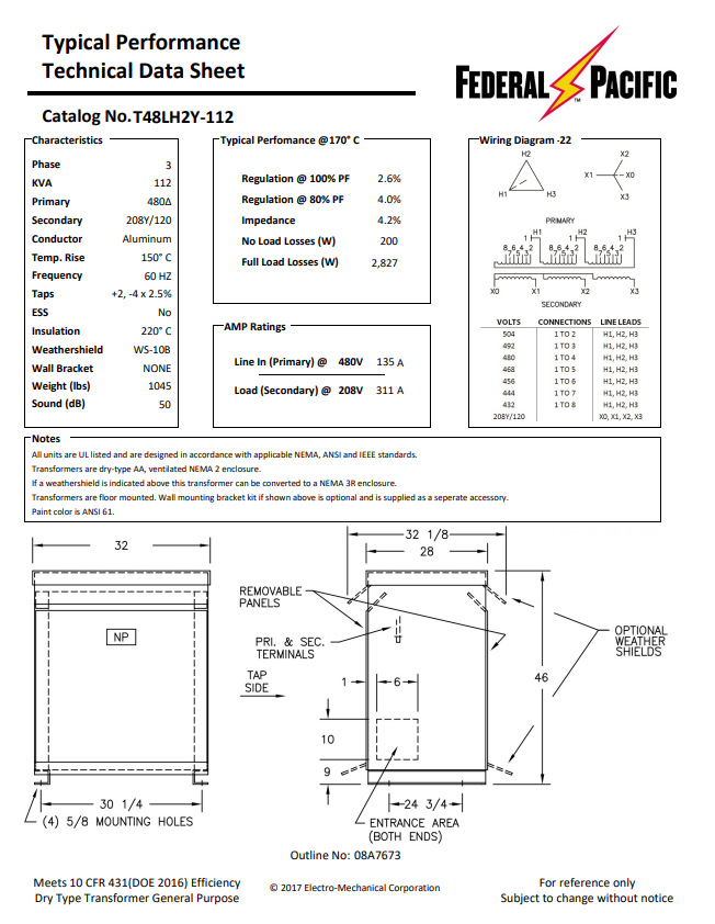 112.5 KVA 480 Delta Primary, 208Y/120 Secondary, Federal Pacific #T48LH2Y-112, Step-Down Dry Type - Image 2