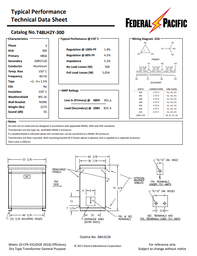 300 KVA 480 Delta Primary, 208Y/120 Secondary, Federal Pacific #T48LH2Y-300, Step-Down Dry Type Transformer - Image 2