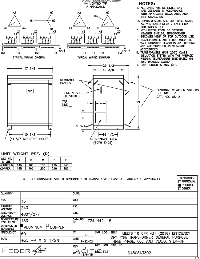 15 KVA 240 Delta Primary, 480Y/277 Secondary, Federal Pacific #T24LH42-15, Step-Up Dry Type Transformer, 3 - Image 2