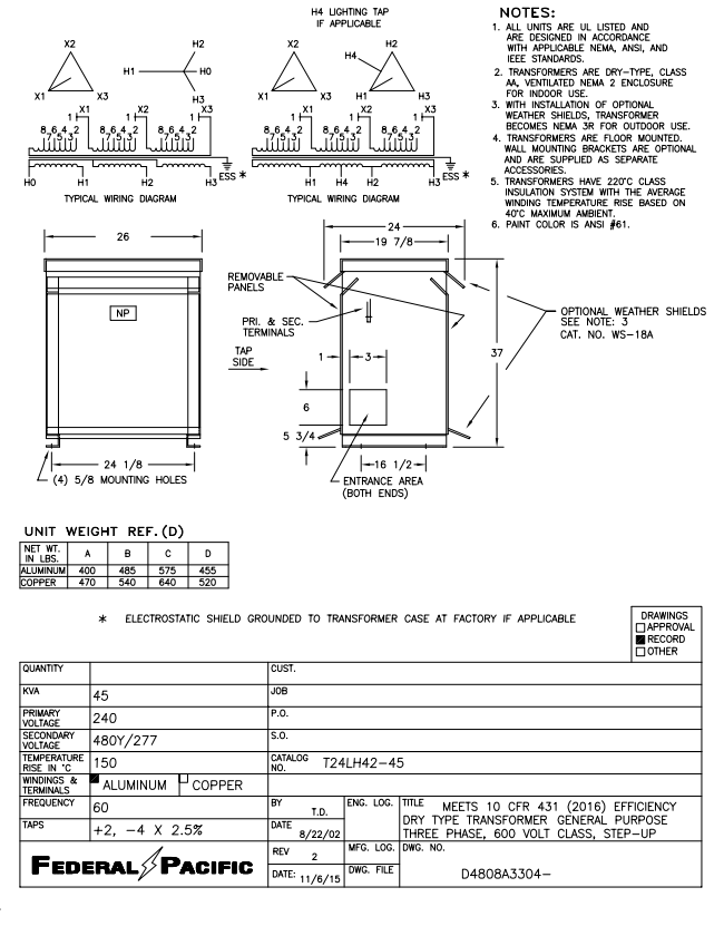 45 KVA 240 Delta Primary, 480Y/277 Secondary, Federal Pacific #T24LH42-45, Step-Up Dry Type Transformer, 3 - Image 2
