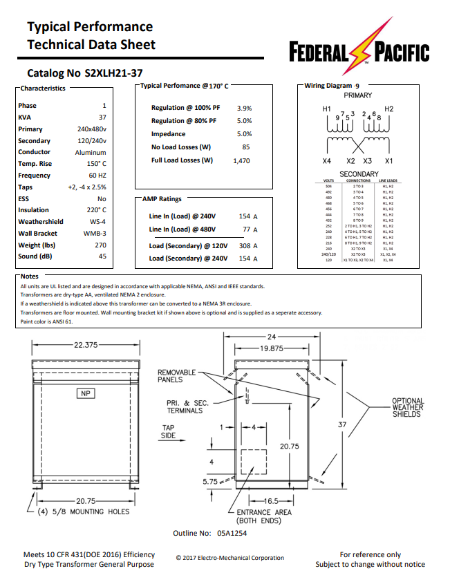 37.5 KVA 240/480 Primary, 120/240 Secondary, Federal Pacific #S2XLH21-37, Dry Type Transformer, 1 Phase, Nema - Image 2