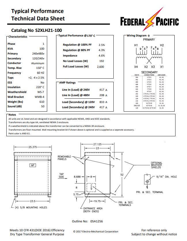 100 KVA 240/480 Primary, 120/240 Secondary, Federal Pacific #S2XLH21-100, Dry Type Transformer, 1 Phase, Nema - Image 2
