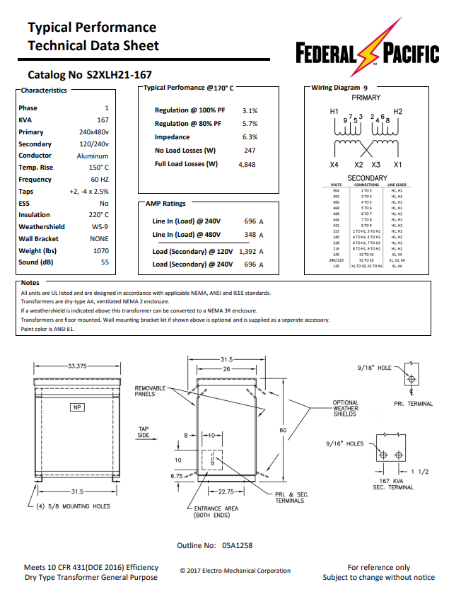 167 KVA 240/480 Primary, 120/240 Secondary, Federal Pacific #S2XLH21-167, Dry Type Transformer, 1 Phase, Nema - Image 2
