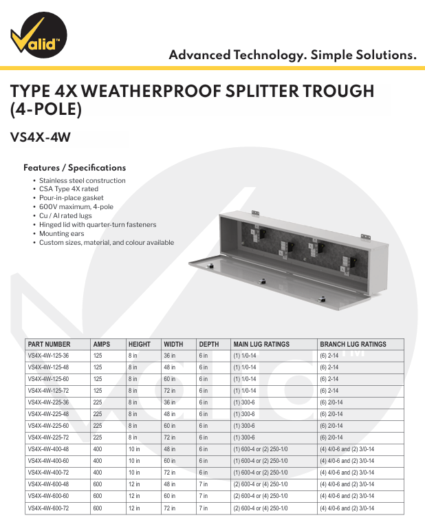 400 Amps, Type 4X Weatherproof, 48inch Splitter Trough (4-Pole) - Image 9