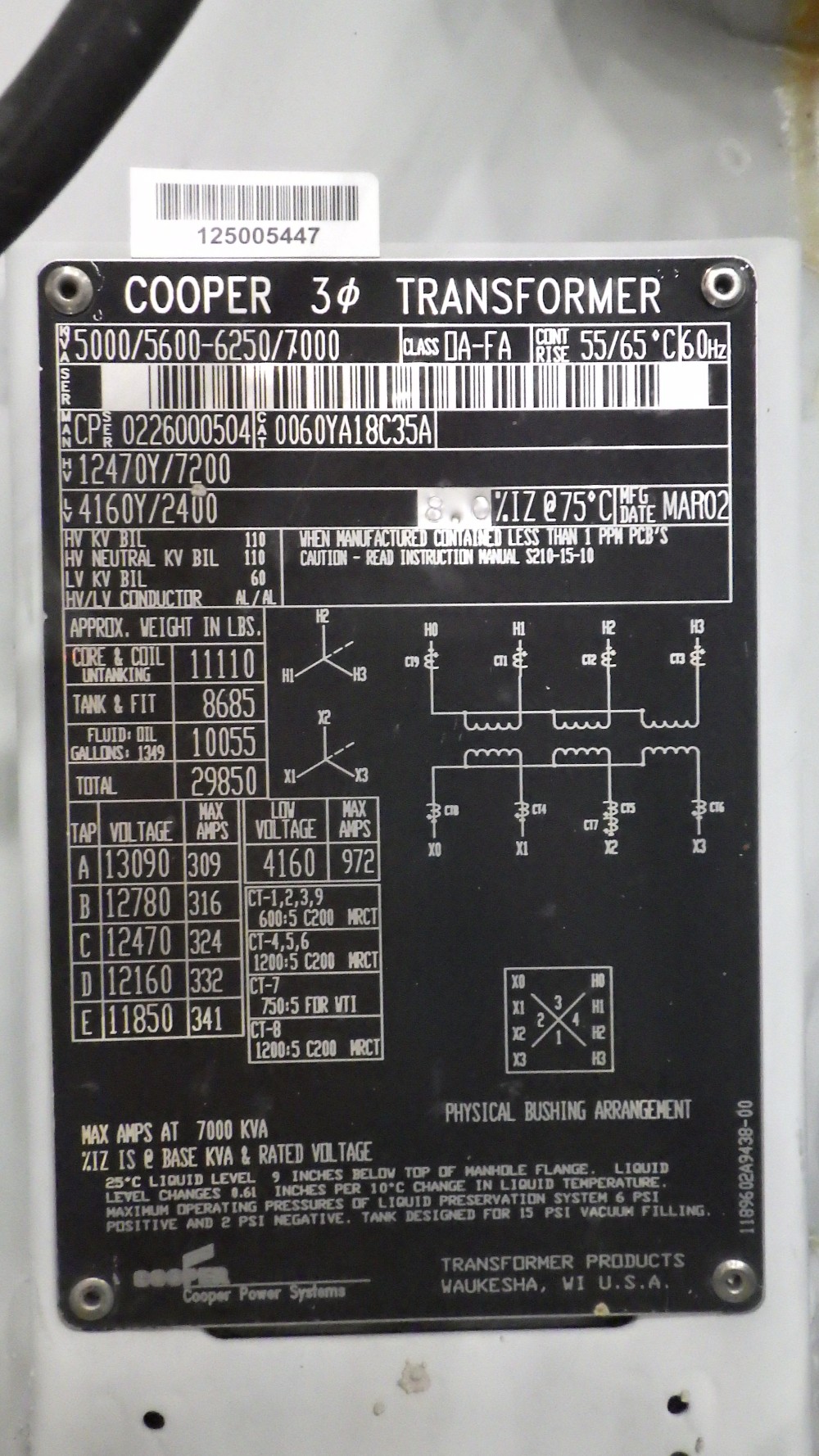 5000/6250 KVA 12470Y/7200 Primary, 4160Y/2400 Secondary, Cooper - Image 1