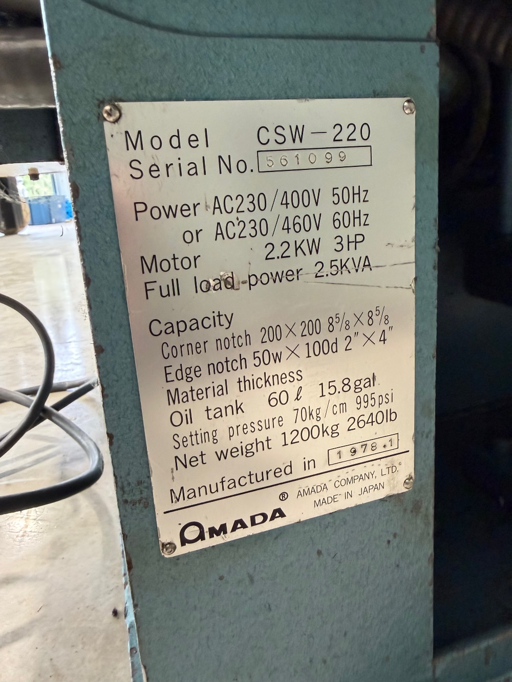 1/8" x 8-5/8" x 8-5/8" Amada #CSW-220, Hydraulic Twin Head Notching Machine, Crop: 4x2", 3HP (Others Availble) - Image 9