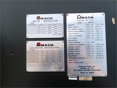 88 Ton, Amada #HS-8025, Hydraulic Press Brake, 8.4' overall, 7.9" stroke, 16.5" throat, 5-Axis backgauge - Image 9