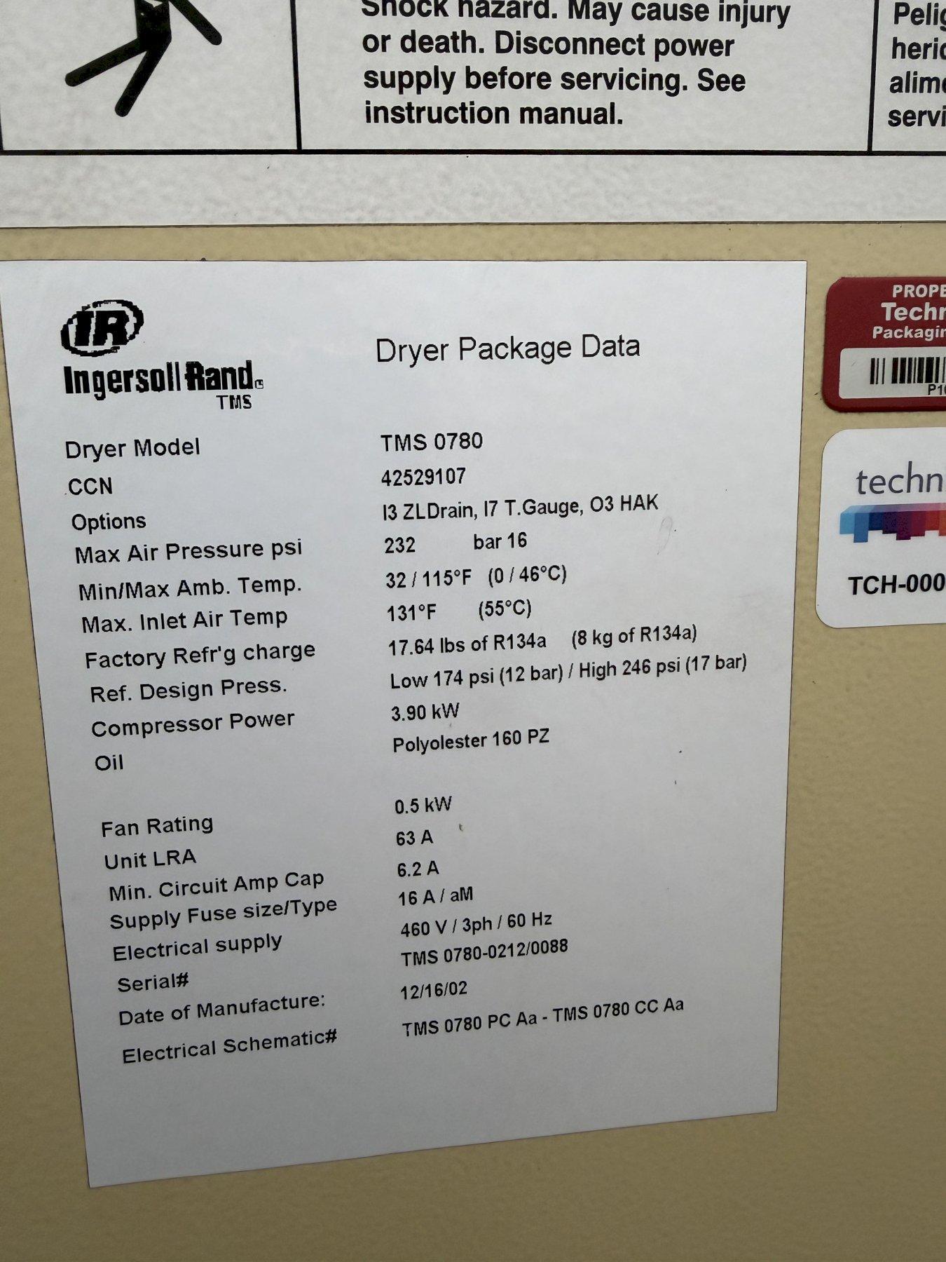 500 CFM, Ingersoll Rand #TMS-078, refrigerated air dryer, 232 PSI max. - Image 3
