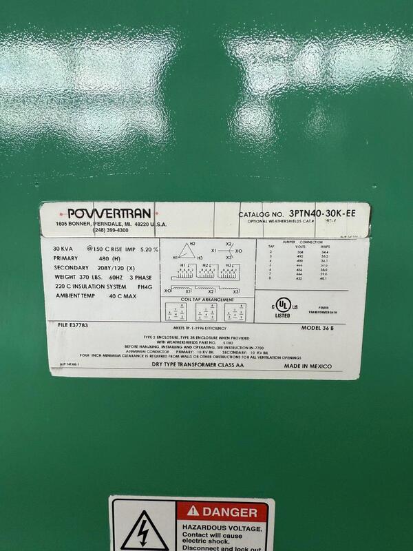 30 KVA 480 Primary, , 208/120 Secondary, Powertran #36B, transformer, 60 Hz., 3 phase (2 available) - Image 4