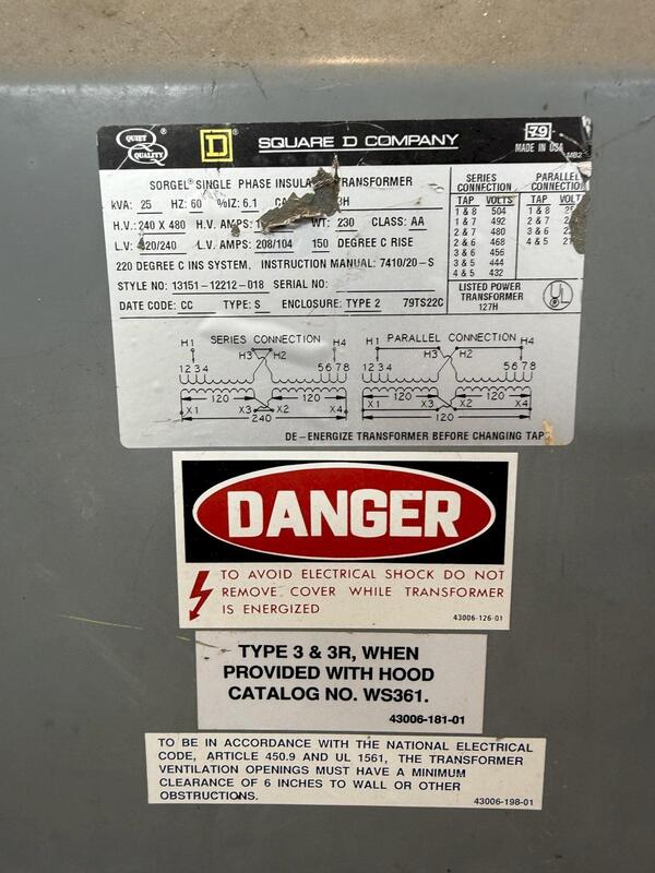 25 KVA 240/480 Primary,, 120/240 Secondary, Square D, transformer, 60 Hz., single phase - Image 4