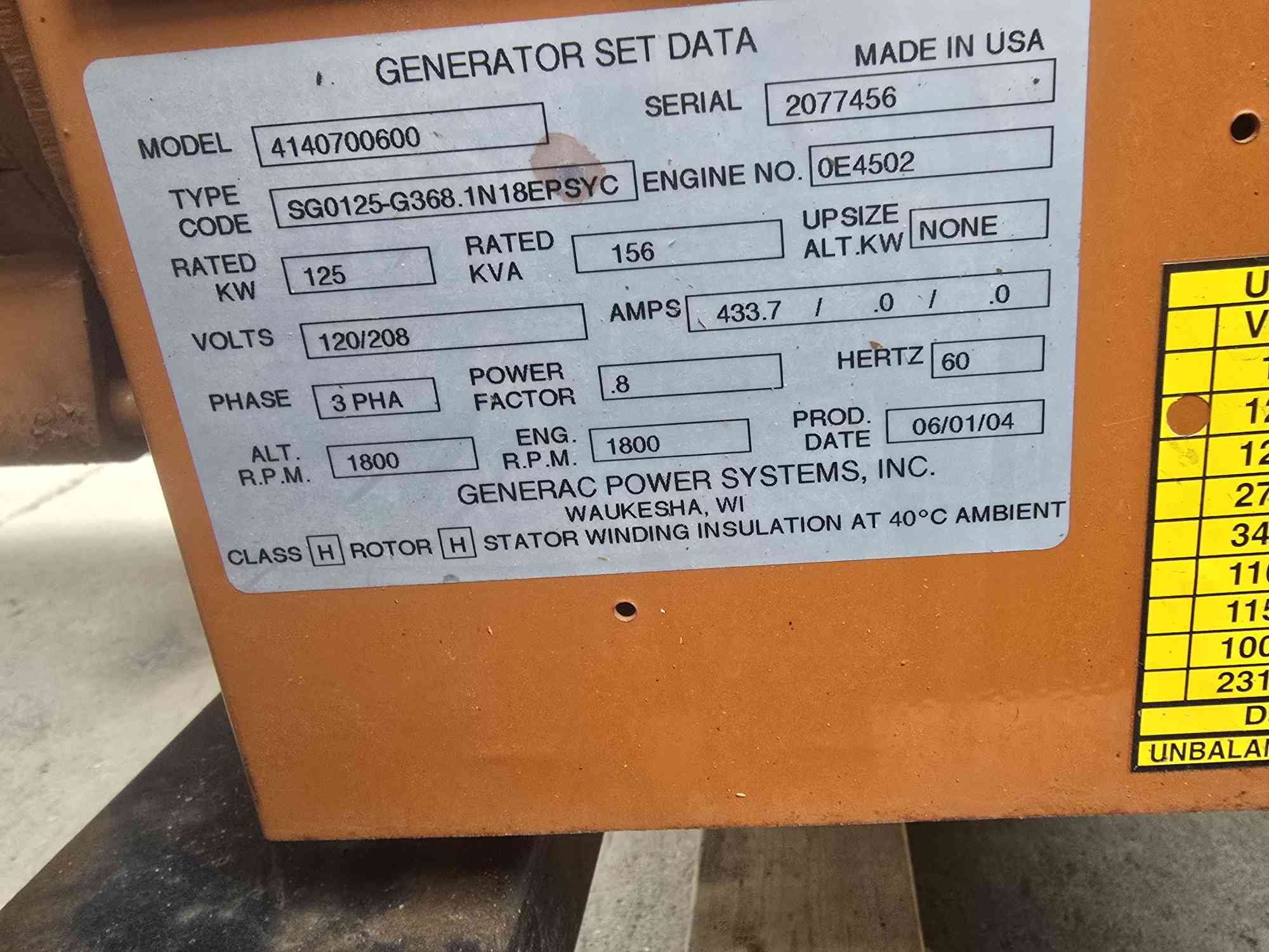 125 KW Generac #SG0125, natural gas/LP generator set, 3 Phase (105 KW 1 Phase), 340 hours, 2004, tested - Image 6