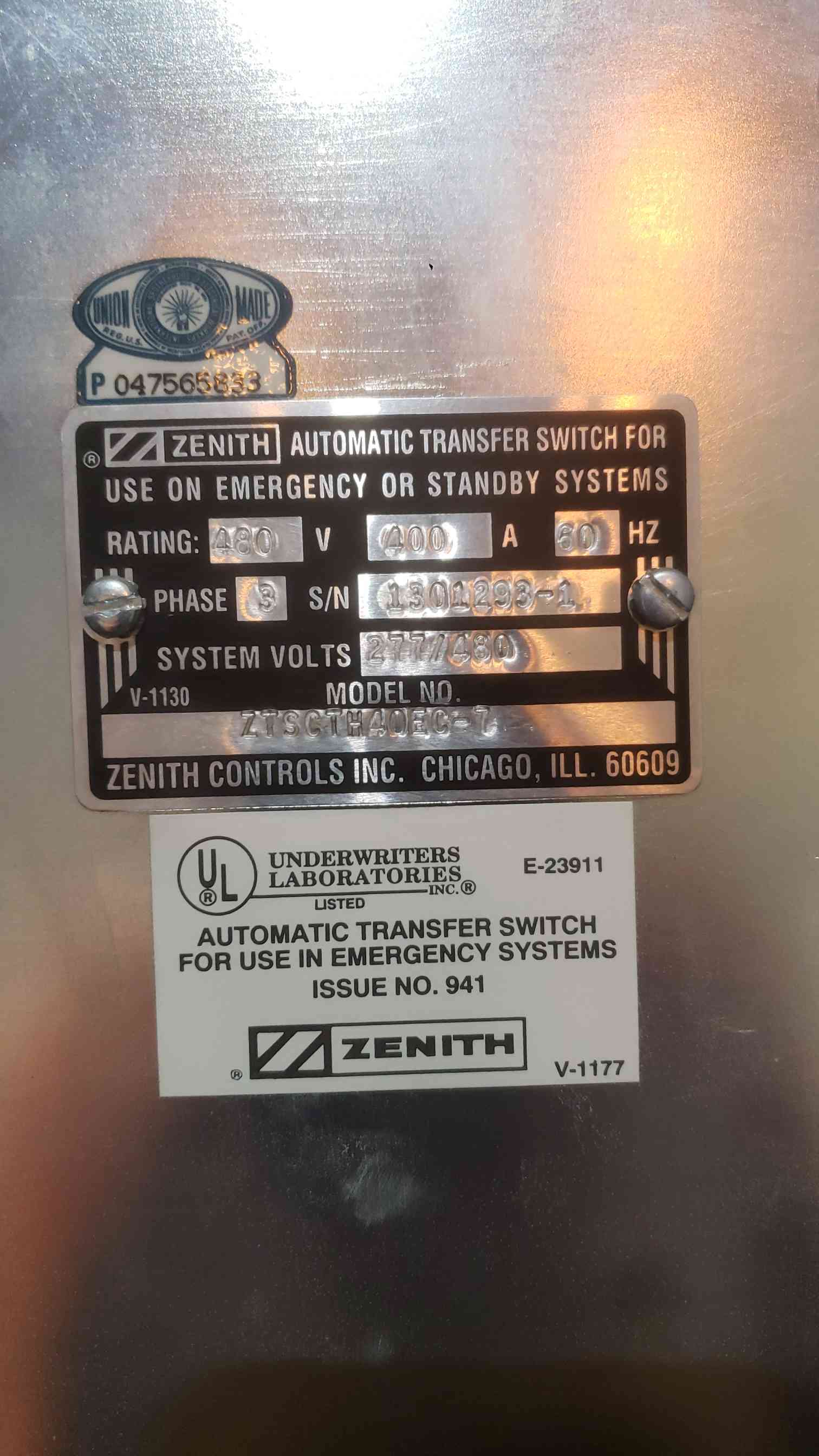 400 Amp. Zenith ZTSCTH40EC-7, Automatic Transfer Switch, 480 Volts, 3 Phase - Image 6