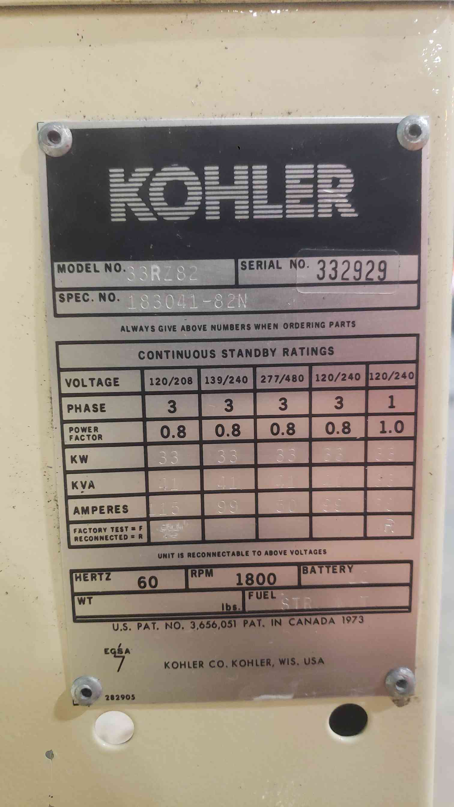 30/33 KW Kohler #33RZ82, natural gas/LP generator set, 120/240 Volts, multi-phase, 99 Amp, 885 hours, tested - Image 3