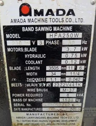 10" x 10" Amada #HFA-250W, automatic horizontal bandsaw, 11' 6" x .042" x 1-1/4" blade, 89-295 FPM, hydraulic - Image 2