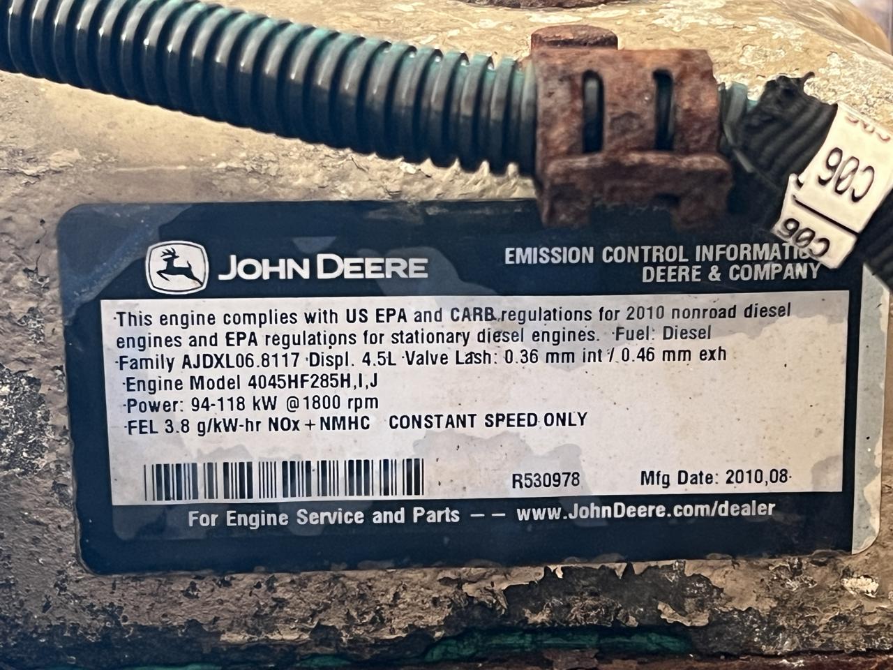 145 HP John Deere #4045HF285, Diesel Engine from Generator, 94-118 KW @ 1800 RPM, 8000 hours, 2010 - Image 2