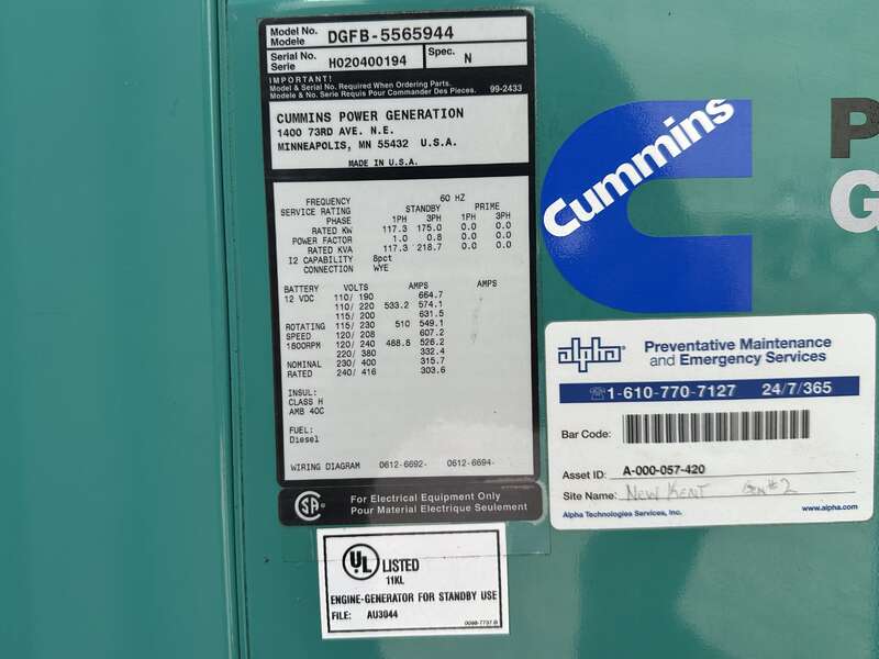 175 KW Cummins #DGFB, diesel generator set, 277/480 Volts, 3-phase, 277 HP, 6CTA8.3-G2 engine, weatherproof - Image 10