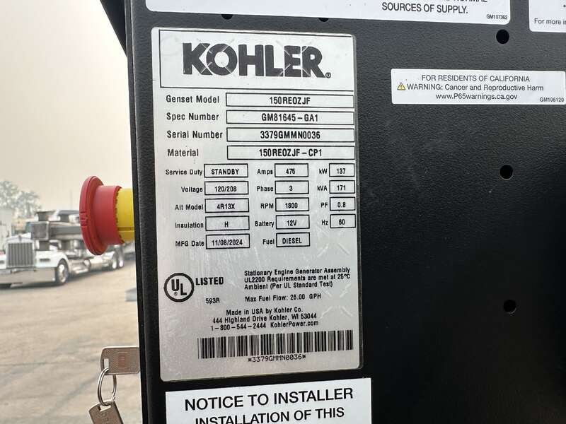 150 KW Kohler #150REOZJF, diesel generator set, 277/480 Volts, 3-phase, 237 HP @ 1800 RPM, John Deere - Image 8