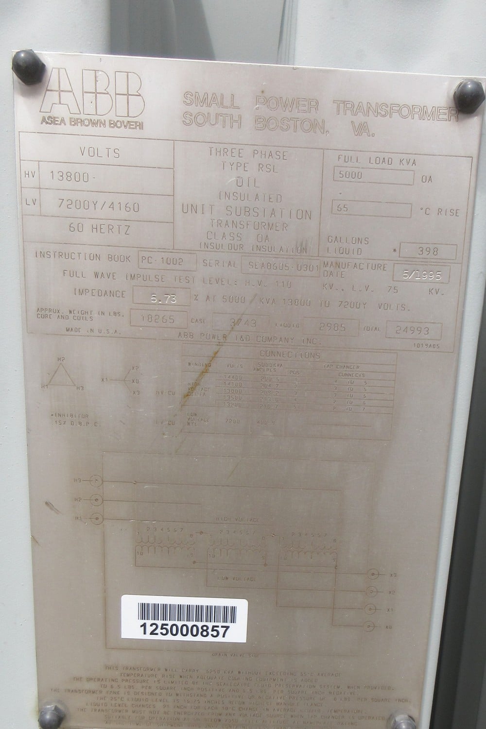 5000 KVA 13800 Delta Primary, 7200Y/4160 Secondary, ABB - Image 1