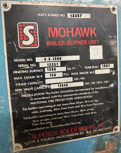 350 HP Superior Boiler Works #4-X-1506, Packaged Steam Boiler, 150 PSI, 1506 sq.ft., 12048 BTUH, 1997 - Image 3