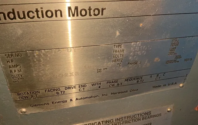 1000 HP 1183 RPM Siemens, Frame 5810S, 4160 Volts, 1995 - Image 2