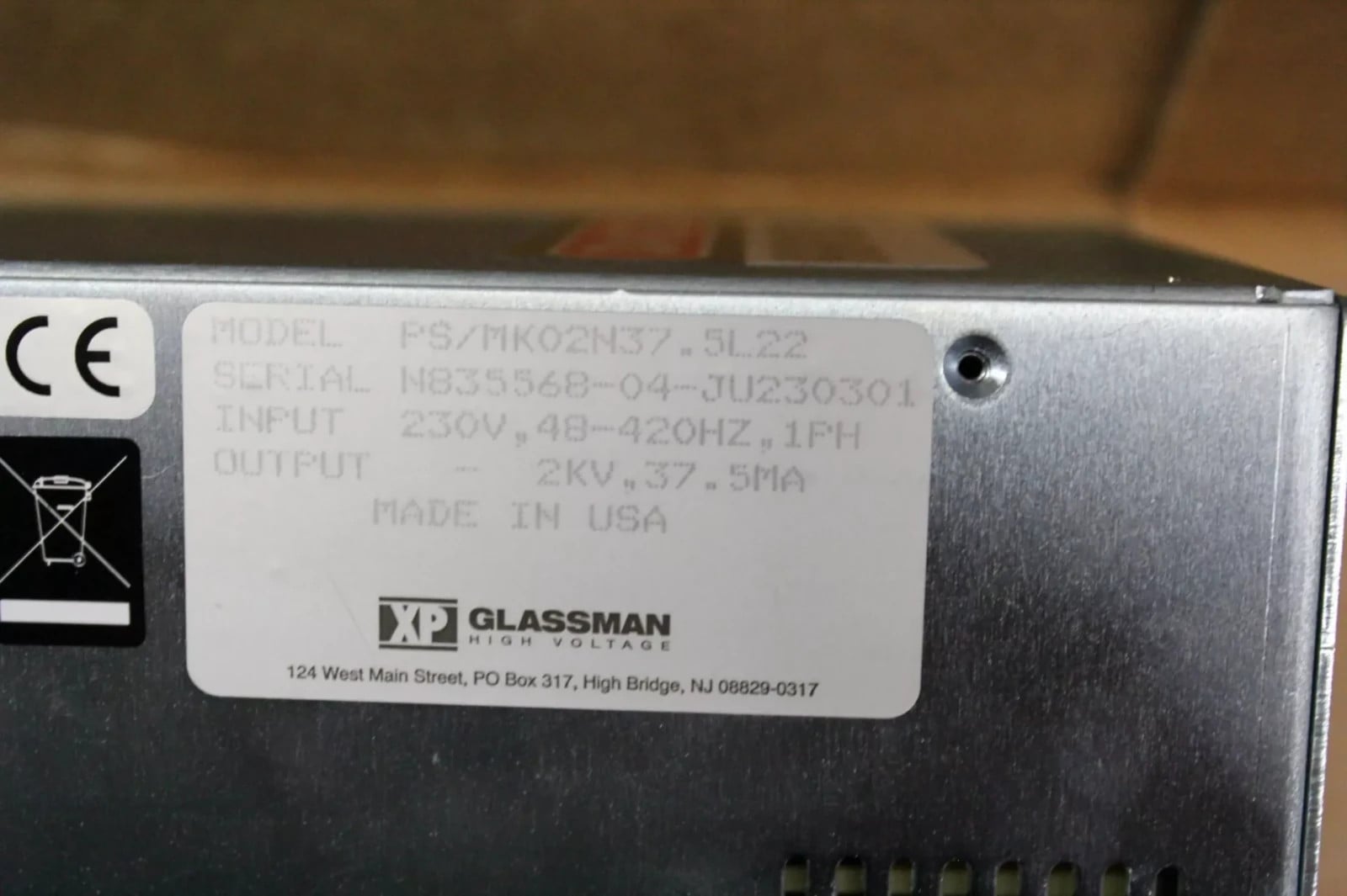 explosion proof Glassman #PS/MK02N37.5L22, MK Series high voltage power supply, 2,000 Volts DC @ 37.5 mA, 230 - Image 2