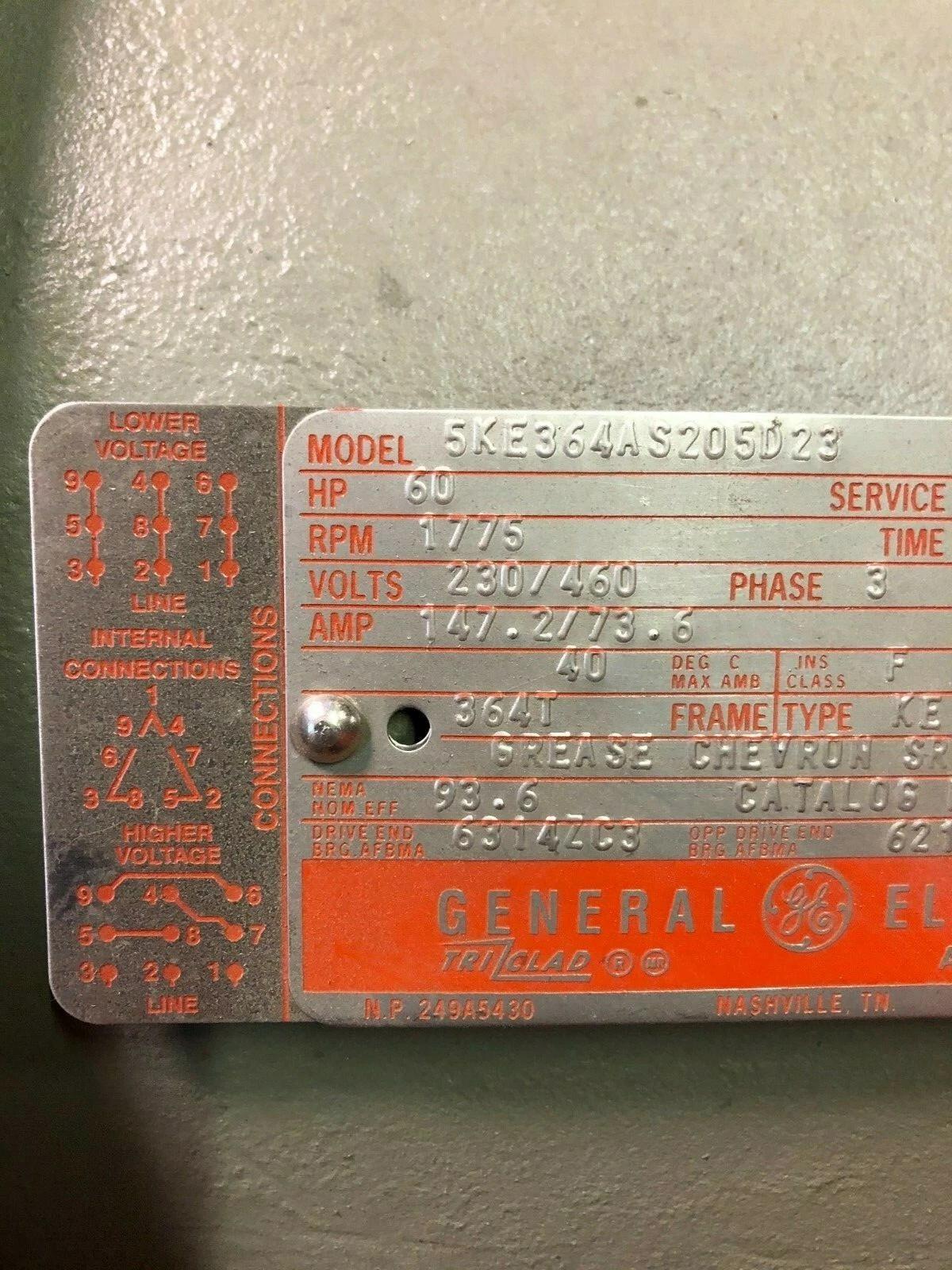 60 HP 1775 RPM General Electric #5KE364AS205D23, Electric Motor, Frame 364T, 230/460 Volts, 3PH - Image 3