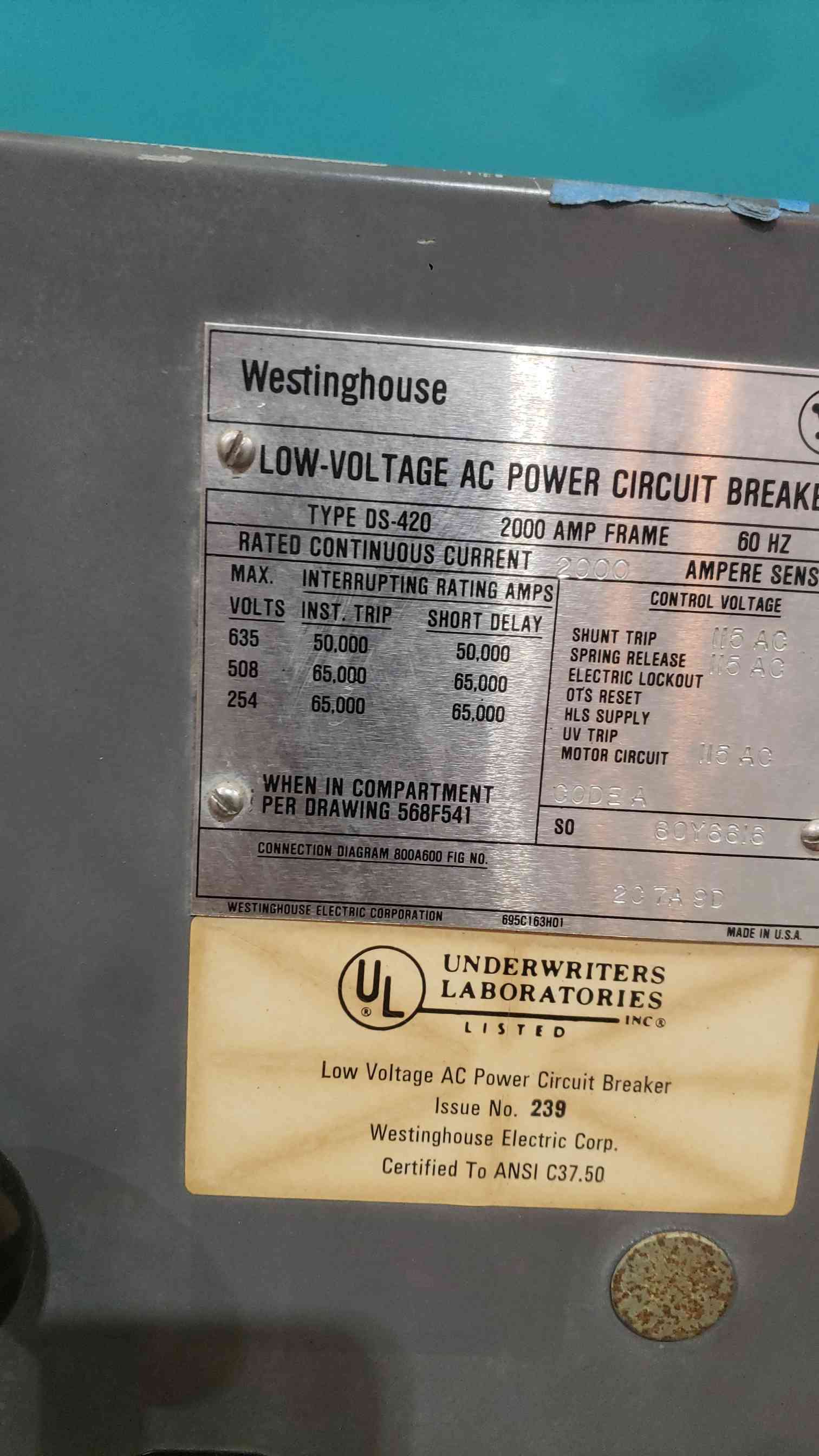 2000 Amps Westinghouse DS-420, Air Circuit Breaker, Amptector LSG, 2000 Amp Frame, DO/MO - Image 2