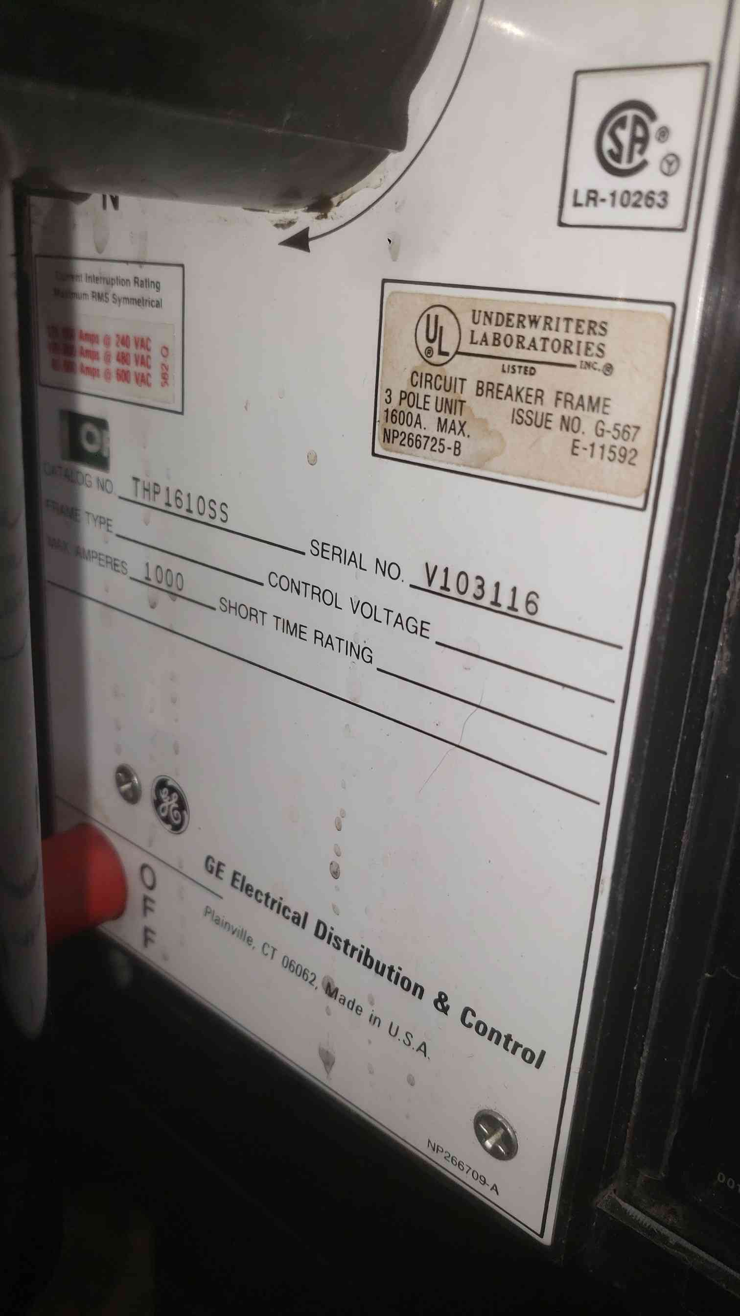 1000 Amps GE Power Break THP1610SS, 3 Pole Circuit Breaker, RMS-9 MicroVersaTrip - Image 3