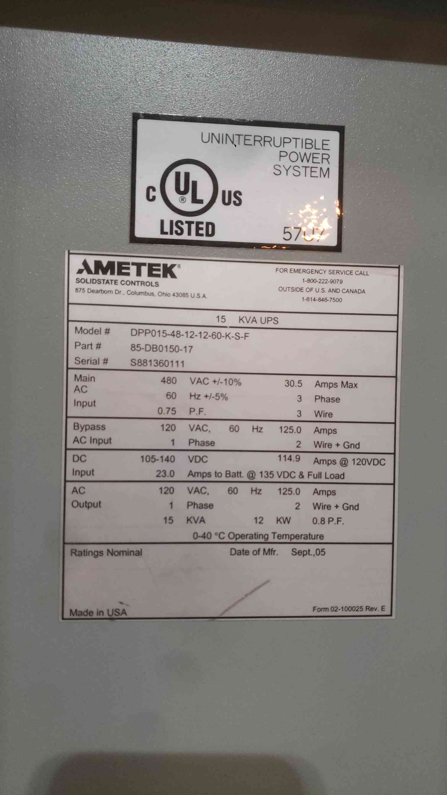 15.0 KVA Ametek #DPP015, Industrial uninterruptible power supplies System, Tower, w/ GE Breakers, 480 x 120 - Image 7