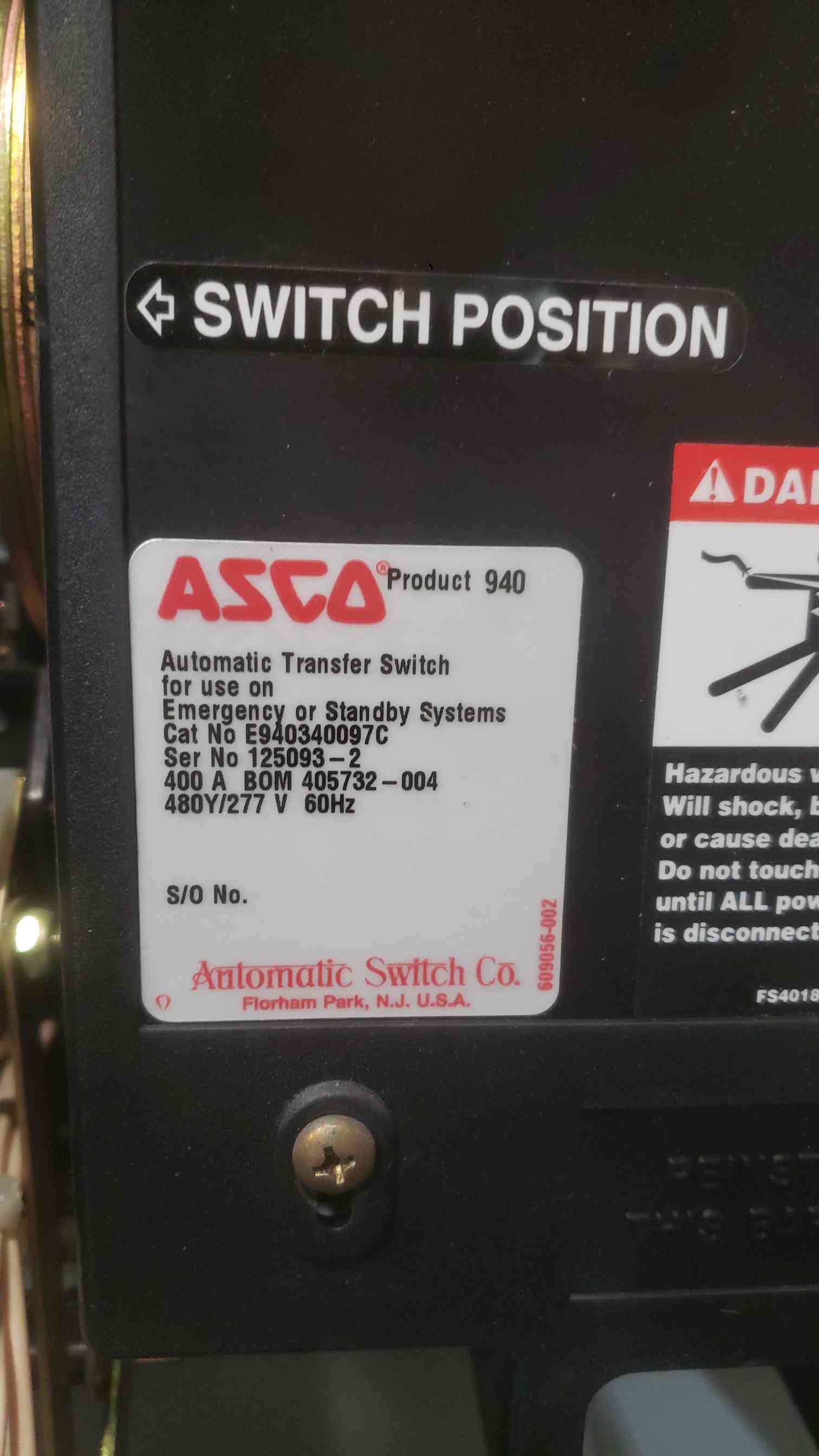 400 Amp. ASCO 940 Series, Automatic Transfer Switch, E940340097C, 3 Phase, 480Y/277 Volts - Image 5