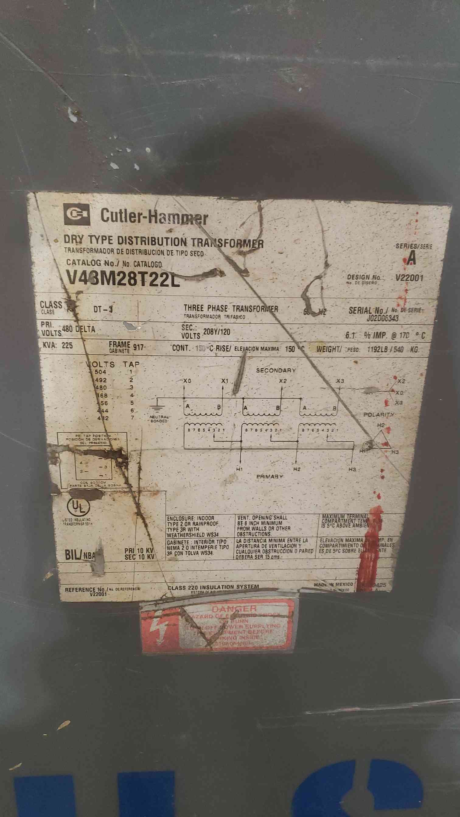 225 KVA 480 Primary, 208Y/120 Secondary, Cutler-Hammer V48M28T22L, Dry Type, 3PH - Image 2