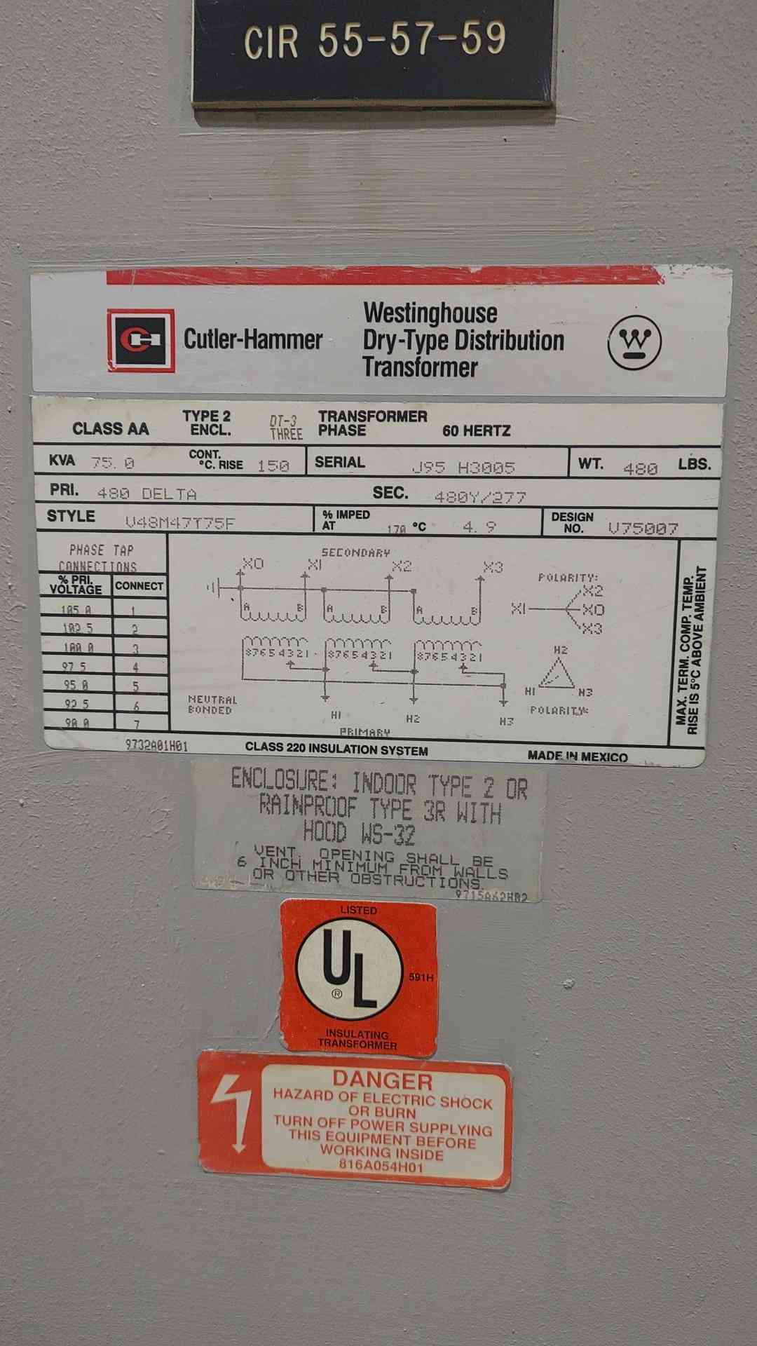 75 KVA 480 Primary, 480Y/277 Secondary, Cutler-Hammer V48M47T75F, Dry Type, 3PH (2 available) - Image 2