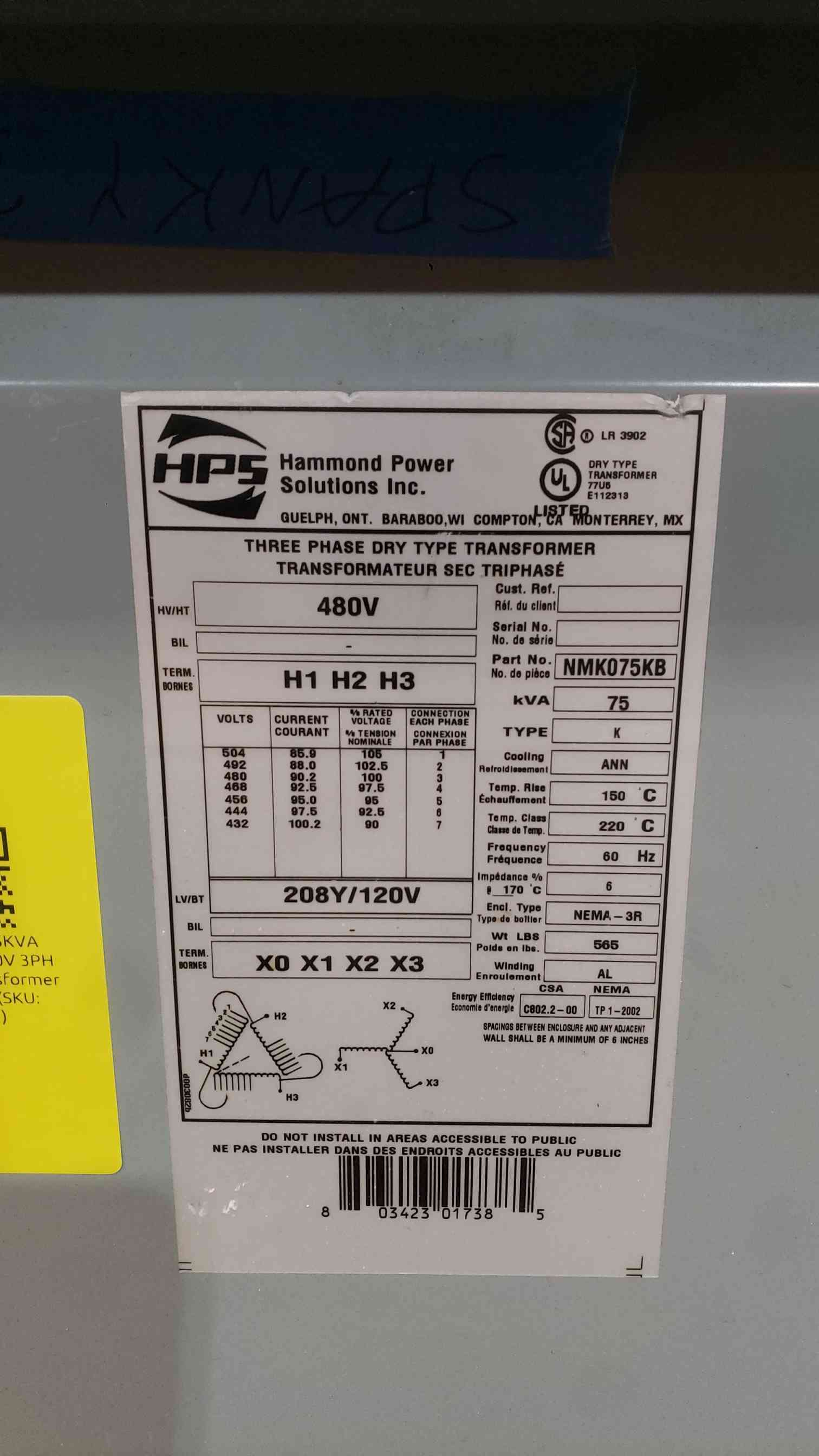 75 KVA 480 Primary, 208Y/120 Secondary, Hammond NMK075KB, Dry Type, NEMA 3R, 3PH - Image 6